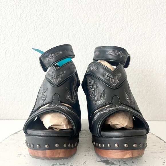 Lane Boots LEXINGTON Womens Black Wedges 10 Western Sandals Cowgirl Wooden Heel - Picture 5 of 11